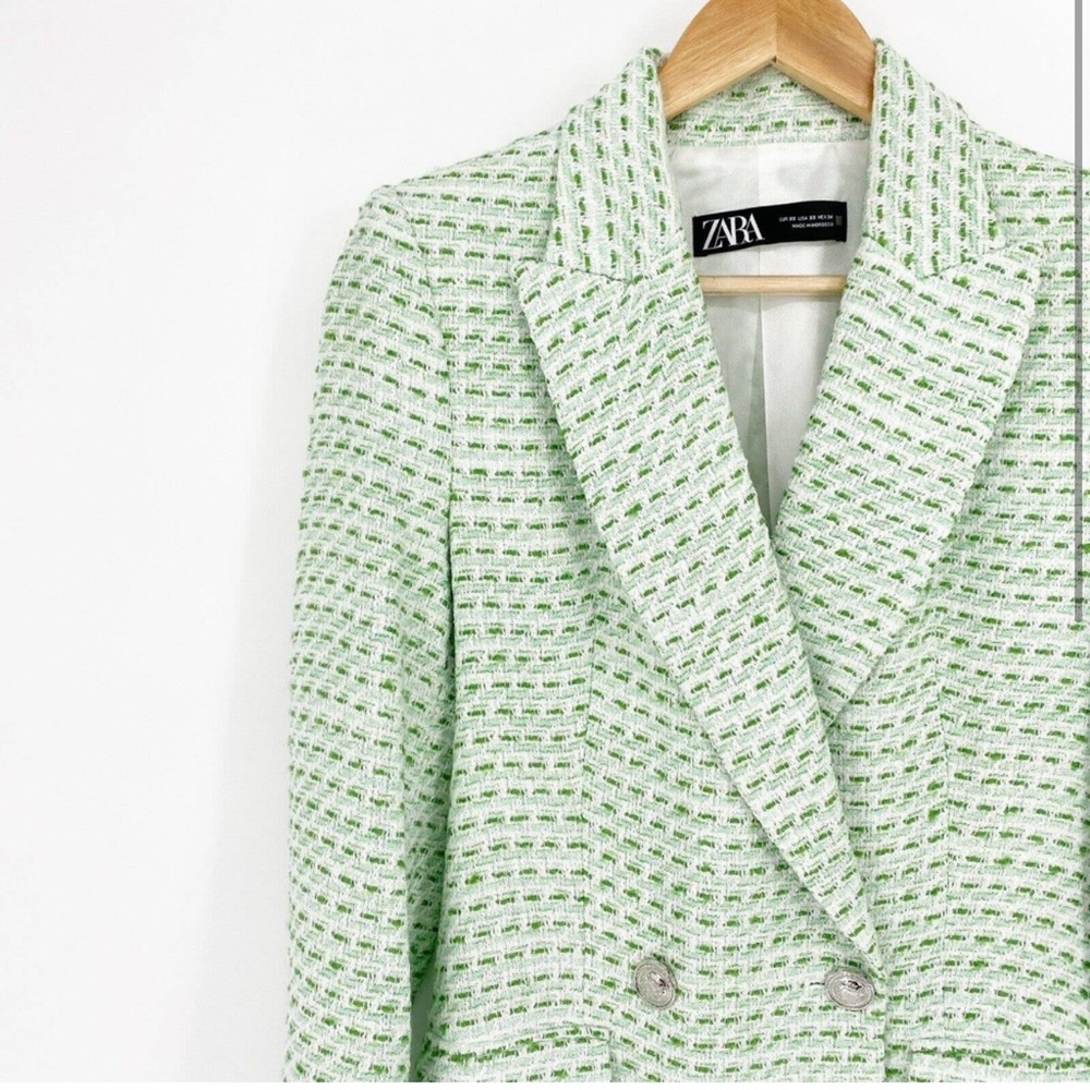 Zara Green Tweed Double Breasted Blazer Size L Pastel Textured Weave